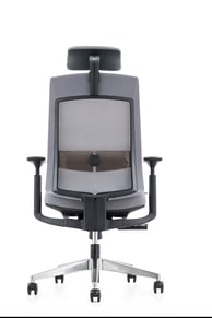 Black mesh performance chair with headrest, rear view on casters