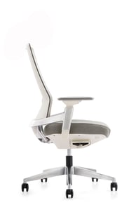 White mesh executive chair with curved backrest, side view on casters