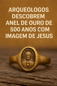 a gold ring with a picture of a saint and a gold ring