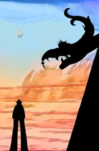 person standing under the moon by a fortress with a dragon in a desert enviroment