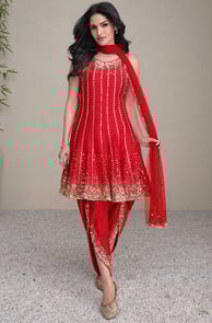 Drawing inspiration from traditional Indian dhotis, this style includes a kurta paired with dhoti-st