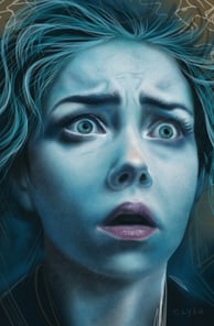 a woman with blue hair and blue eyes