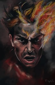 a painting of a man with a fire on his head