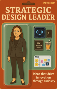 A toy action figurine package with UX accessories with the title "Strategic Design Leader".