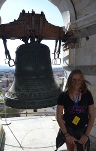 Kyrstin at bell atop Leaning Tower of Pisa