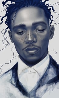 a black man with freckles in a white shirt