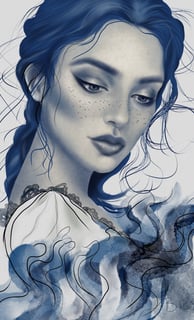 a woman with freckels and a blue dress
