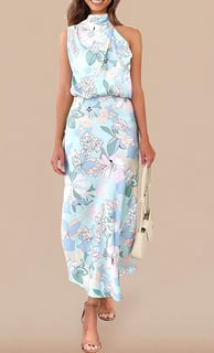 Women's 2025 Summer Satin Dress Elegant Sleeveless a woman in a floral dress and heels
