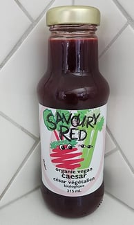 Glass bottle of Savoury Red juice with full colour label