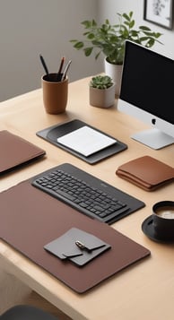 a desk with a computer and a keyboard with leather amenities