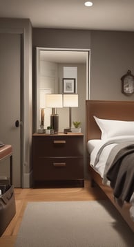 a bedroom with a bed and a nightstand