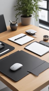 a desk with a mouse and a leather mouse pad
