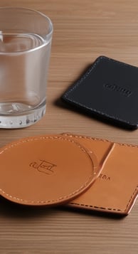 a glass of water with leather coasters