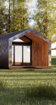 Modern prefab modular tiny home with wood and glass design