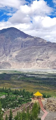  a yellow tent in the mountain background