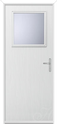white door with square of glass for back door