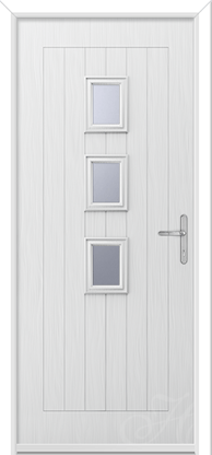 white front door with three square glass