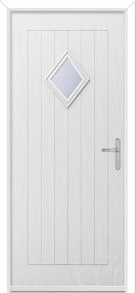 white front door with diamond glass