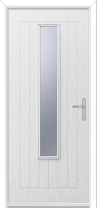 white front door with a long piece of glass