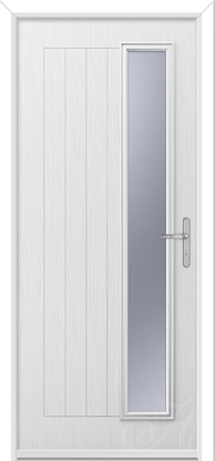 a white front door with a long piece of glass to the right