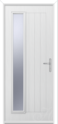 a white front door with a long piece of glass to the left