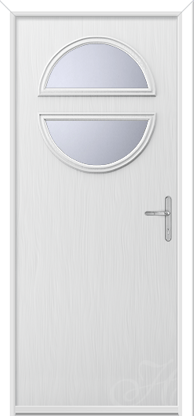 a white door with two half arches of glass