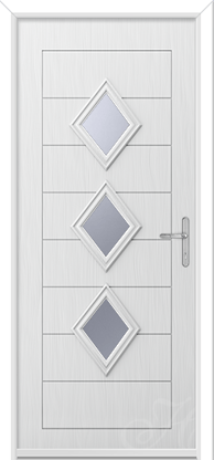 a white door with three diamond shaped windows