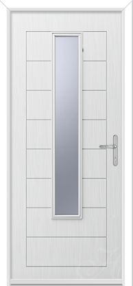 a white composite door with one long piece of glass