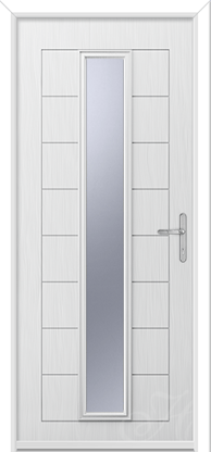 a white composite door with one long piece of glass