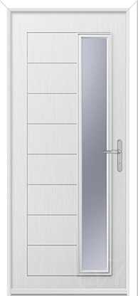 a white composite door with a long piece of glass