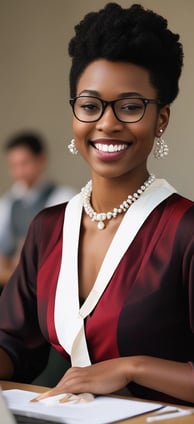 a woman in a red dress and glasses is smiling