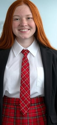 a woman in a red skirt and a black jacket