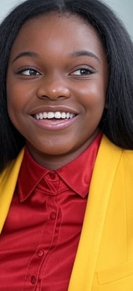 a woman in a yellow jacket and red shirt