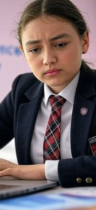 a girl in a school uniform is sitting at a desk