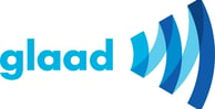 a blue and white logo with the letters, 'glaad '