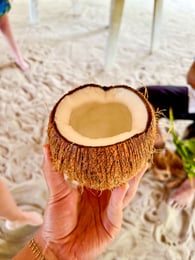 Noix de coco fraîche ouverte, prête à être dégustée dans un cadre tropical.