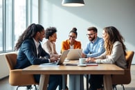 a group of people sitting around a table with laptops