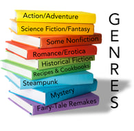 A rainbow stack of books with the genres I edit on the spines
