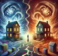 a man standing in front of a house with lightning bolt bolt bolt bolt bolt bolt
