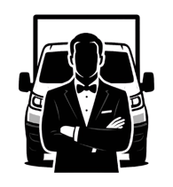 The butler and the van logo, a man in suit in front of his Luton