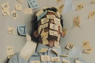 Gestresster Mann hat zu viele Aufgaben auf Post It Zetteln.