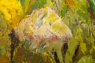 Close-up detail of thick textured acrylic paint showing a pale protea flower with yellow, green, and brown brushstrokes.