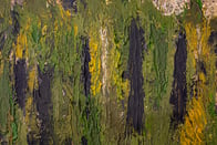 Close-up of textured vertical brushstrokes in green, yellow, and dark earthy colours, showing the paint’s depth and movement.
