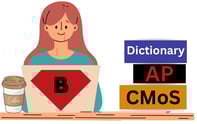Cartoon of redhead at laptop with a Superman B logo on it, cup of coffee, stack of resource books