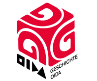 a red and black logo with a black and white background