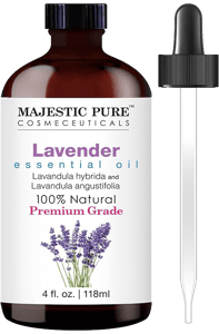 Majestic Pure lavender essential oil bottle labeled 100% natural premium grade, 4 oz with dropper