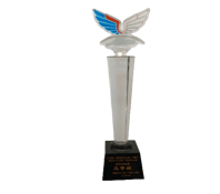 a trophy with a blue and white wings