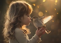 a little girl is holding a bird in her hands