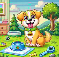 a dog sitting on a blanket in a yard