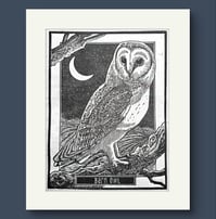 a black and whire linocut image of a Barn owl on a branch with a crescent moon in the background.